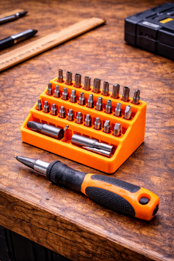 3D gedruckter Bit Organizer zur übersichtlichen Aufbewahrung von Schraubendreher Bits auf der Werkbank