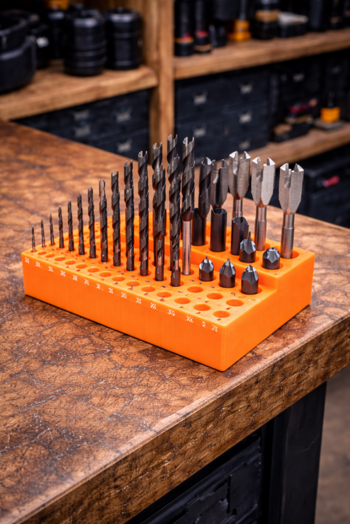 3D gedruckter Bohrer Organizer zur übersichtlichen Aufbewahrung von Metall- und Holzbohrern auf der Werkbank