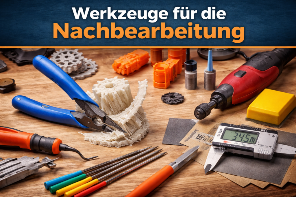 Werkzeuge für die Nachbearbeitung von 3D-Drucken mit Seitenschneider, Entgratungswerkzeug, Schleifpapier und Messschieber