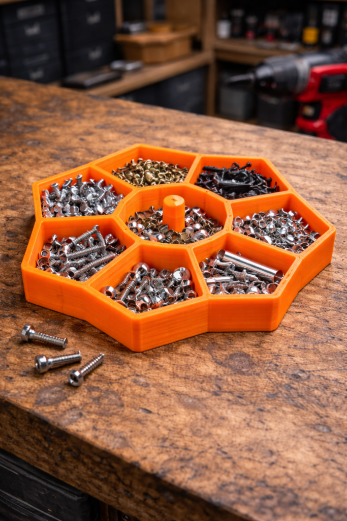 3D gedruckte Schrauben Sortierbox mit mehreren Fächern zur Organisation von Schrauben und Kleinteilen in der Werkstatt