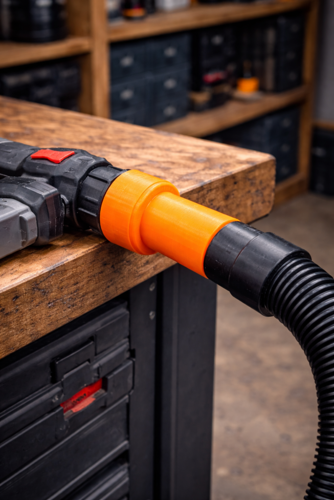 Werkstatt-Helfer aus dem 3D-Drucker - hier ein 3D gedruckter Staubsauger Adapter zur Verbindung von Elektrowerkzeug und Absaugschlauch in der Werkstatt