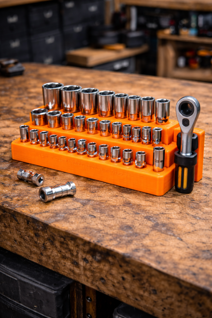 3D gedruckter Steckschlüssel Organizer für die Werkstatt zur Aufbewahrung von Nüssen und Ratschen