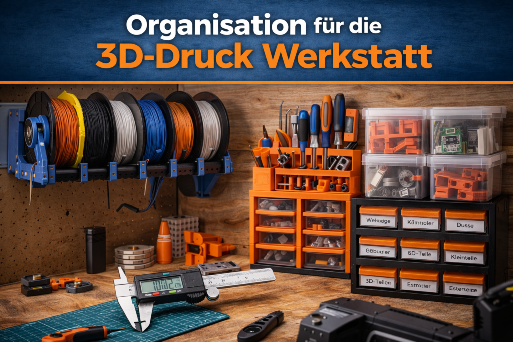 Organisation in der 3D-Druck Werkstatt mit Filamentregal, Werkzeug-Organizer und Sortierboxen