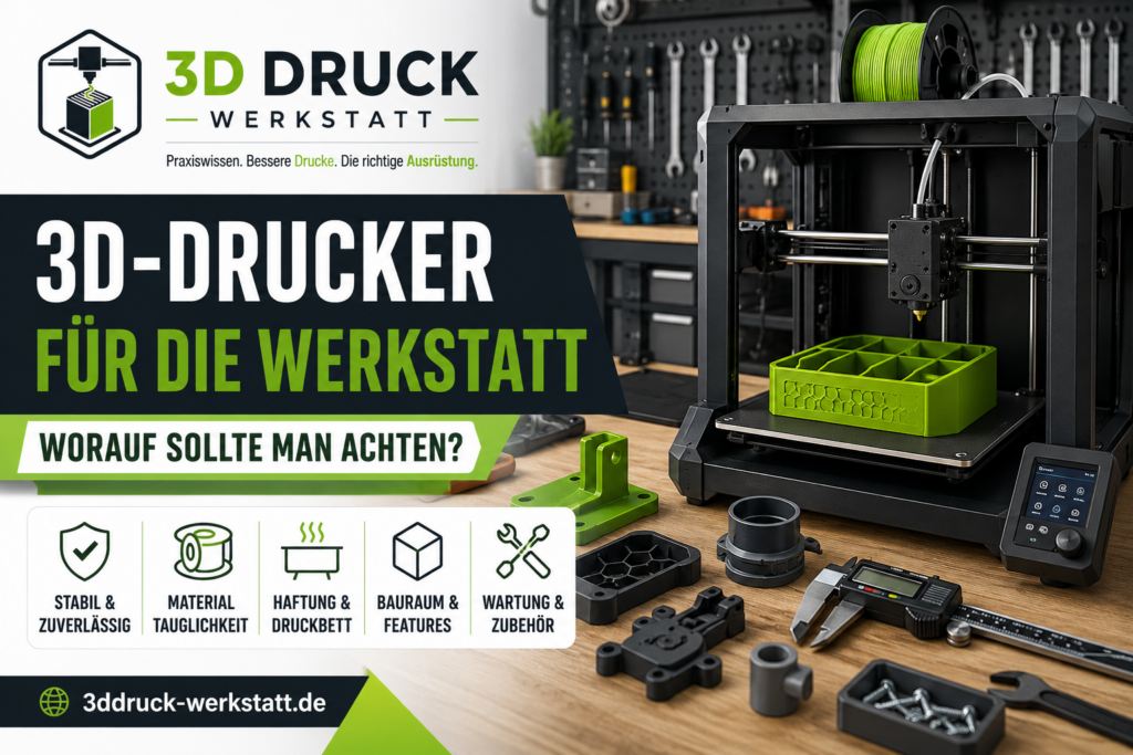 Moderner 3D-Drucker für die Werkstatt mit grünem Filament, gedruckten Werkstattteilen, Werkzeugen und 3D Druck Werkstatt Logo.