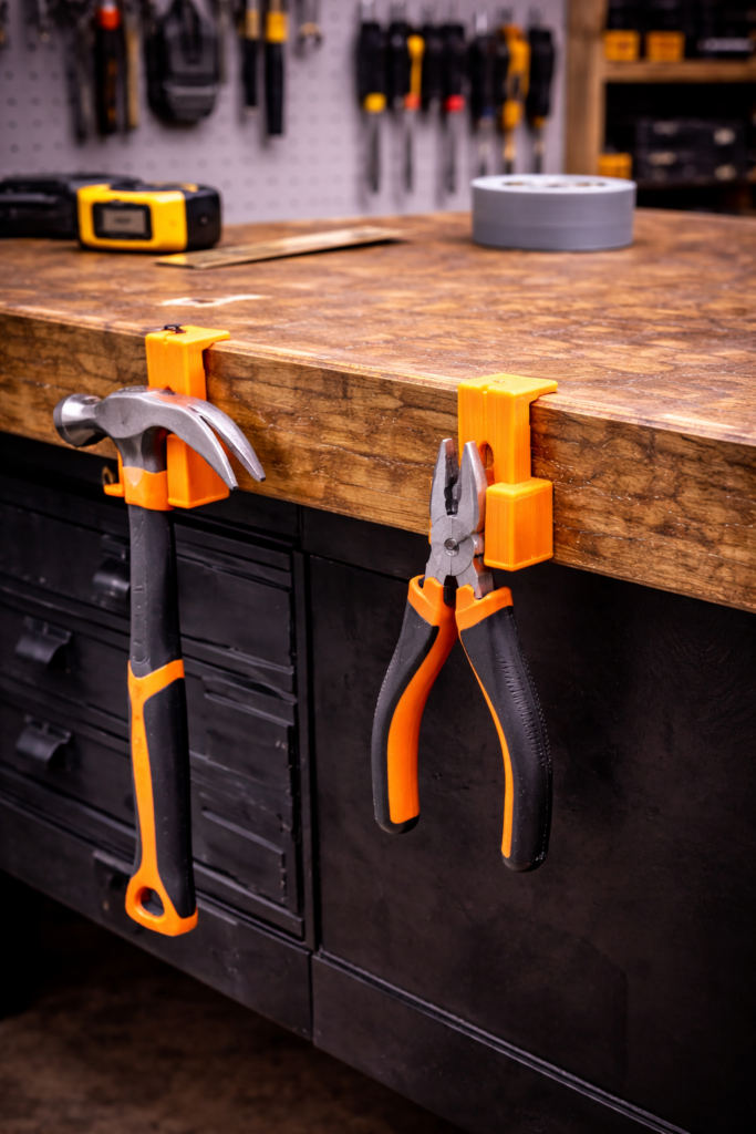3D gedruckte Werkbank Haken zur Aufbewahrung von Werkzeugen wie Hammer und Zange an der Werkbank