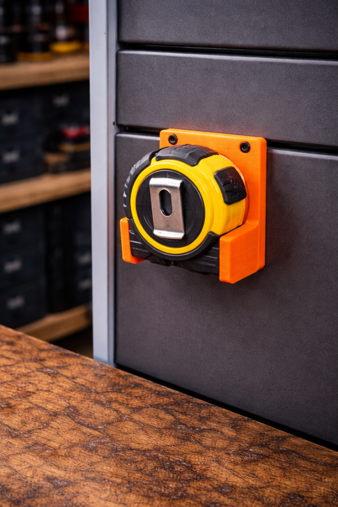 3D gedruckter Maßband Clip zur praktischen Aufbewahrung eines Maßbands an der Werkstattwand