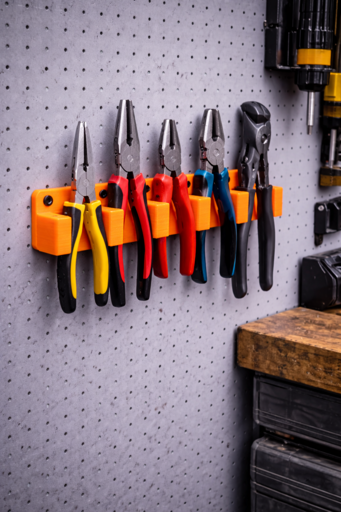 3D gedruckter Zangenhalter an der Lochwand zur übersichtlichen Aufbewahrung verschiedener Zangen in der Werkstatt
