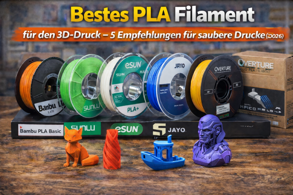Bestes PLA Filament für den 3D-Druck – Vergleich von Bambu PLA Basic, Sunlu PLA, eSun PLA+, Jayo PLA und Overture PLA