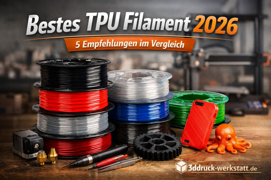 Bestes TPU Filament 2026 im Vergleich mit mehreren TPU-Filamentrollen und flexiblen 3D-Druck-Beispielen auf einer Werkbank
