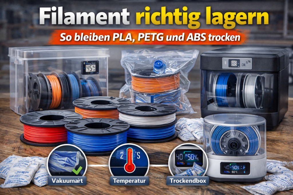 Filament richtig lagern – PLA, PETG und ABS trocken aufbewahren mit Trockenbox und Vakuumbeutel