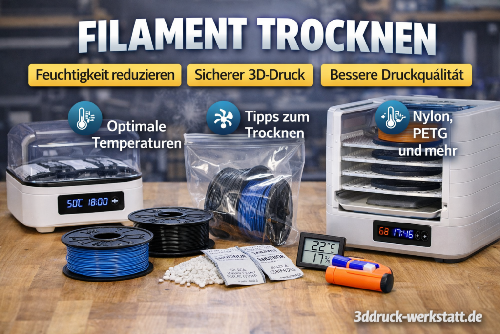 Featured Image zum Artikel Filament trocknen mit Drybox, Filamentrollen, Trocknungsgerät und Hinweisen zu Temperatur, Trocknungstipps und Druckqualität