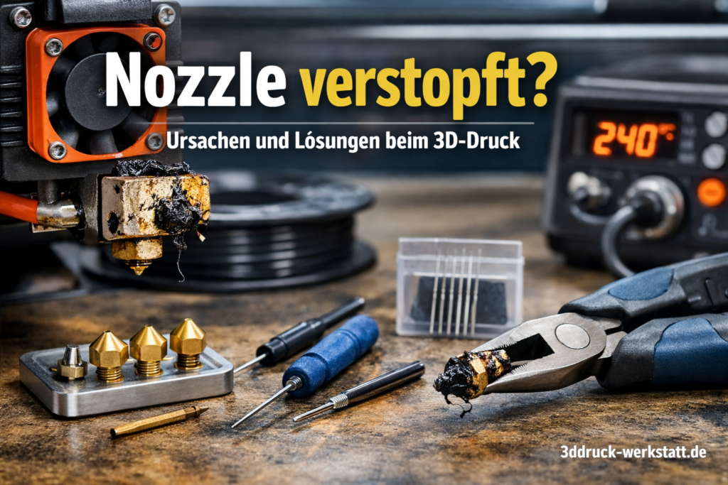 Nozzle verstopft? mit Reinigungsnadeln, Ersatzdüsen und Werkzeug auf einer Werkbank