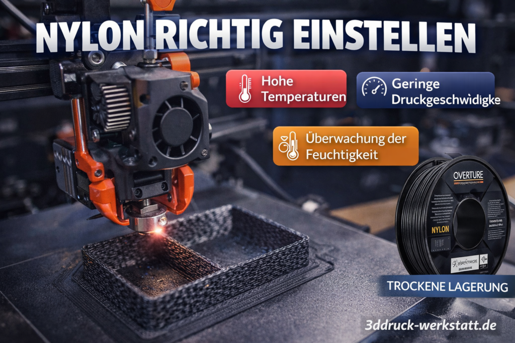 Featured Image zum Artikel Nylon richtig einstellen mit 3D-Drucker, Nylon-Filament und Hinweisen zu Temperatur, Druckgeschwindigkeit und trockener Lagerung