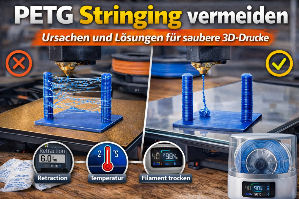 PETG Stringing vermeiden beim 3D-Druck – Vergleich zwischen starkem Stringing und sauberem Druck