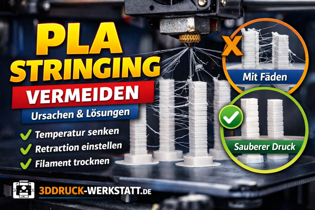 PLA Stringing vermeiden - beim 3D-Druck mit Fäden zwischen Bauteilen und Vergleich zu sauberem Druck