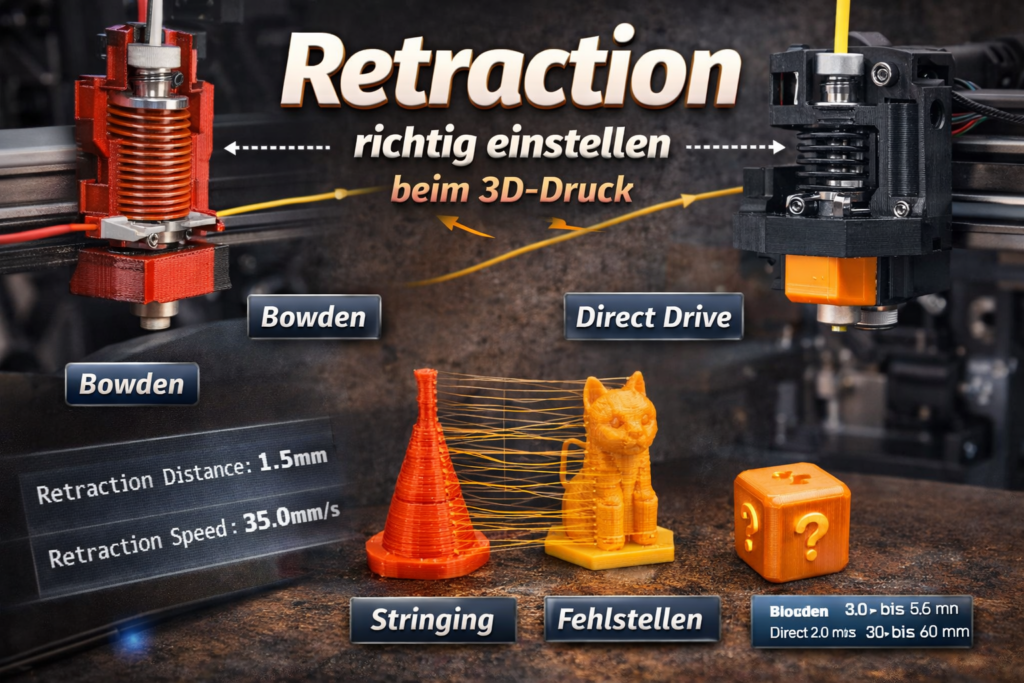 Retraction richtig einstellen beim 3D-Druck mit Bowden und Direct Drive gegen Stringing