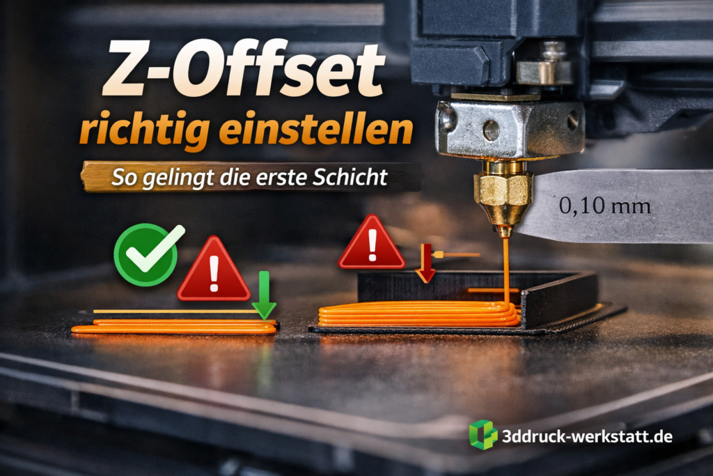 Featured Image zum Artikel Z-Offset richtig einstellen mit 3D-Druckdüse, erster Schicht und Fühlerlehre