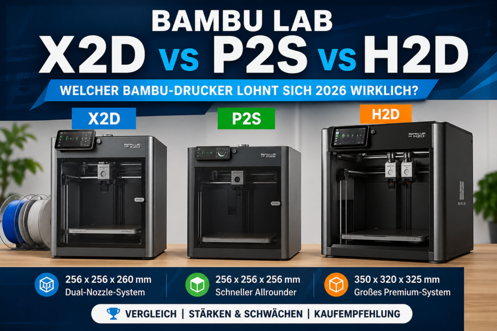 Featured Image zum Artikel Bambu Lab X2D vs P2S vs H2D 2026 mit drei Bambu 3D-Druckern im direkten Vergleich