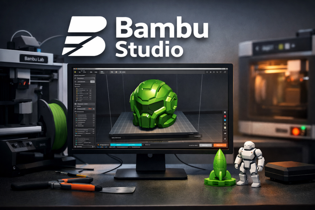Bambu Studio Oberfläche auf einem Monitor mit 3D-Modell, 3D-Drucker und gedruckten Objekten auf einem Werkstatttisch