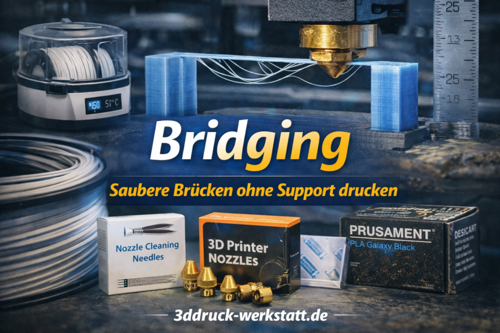 Featured Image zum Artikel Bridging richtig einstellen mit 3D-Druckdüse und gedruckter Brücke ohne Support