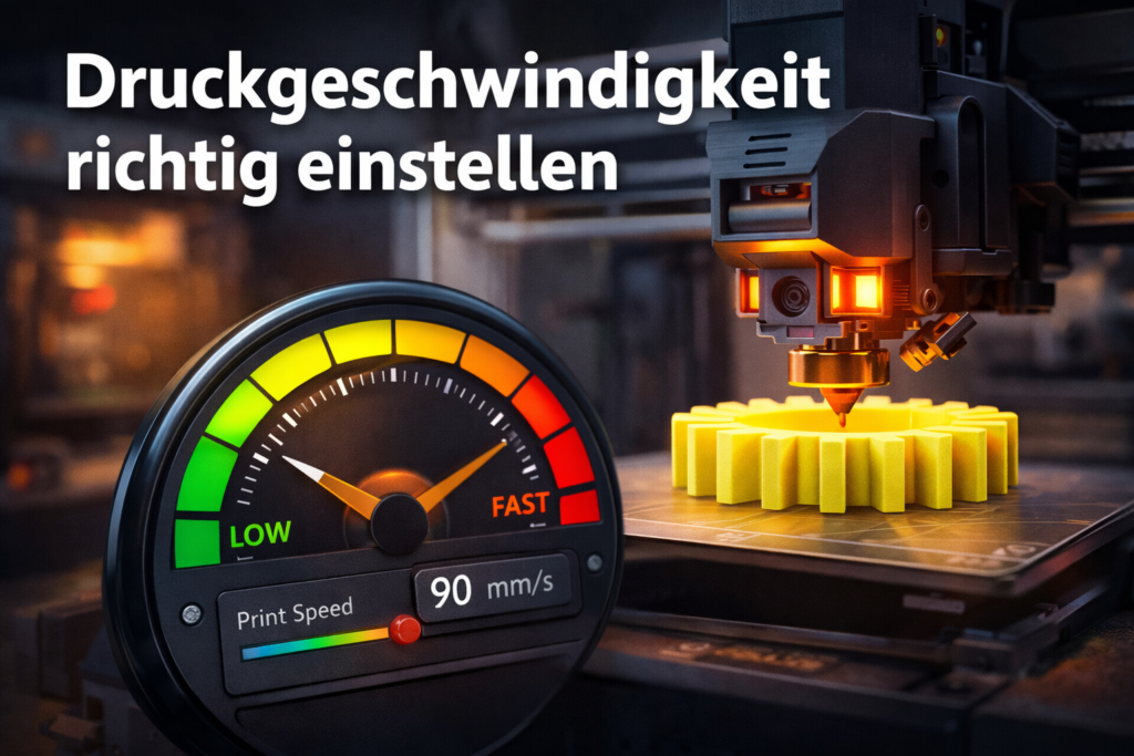 3D-Drucker beim Drucken eines Zahnrads mit Anzeige zur Druckgeschwindigkeit und dem Schriftzug Druckgeschwindigkeit richtig einstellen