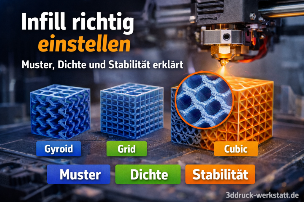 Infill richtig einstellen beim 3D-Druck mit Gyroid-, Grid- und Cubic-Muster zur Erklärung von Dichte und Stabilität