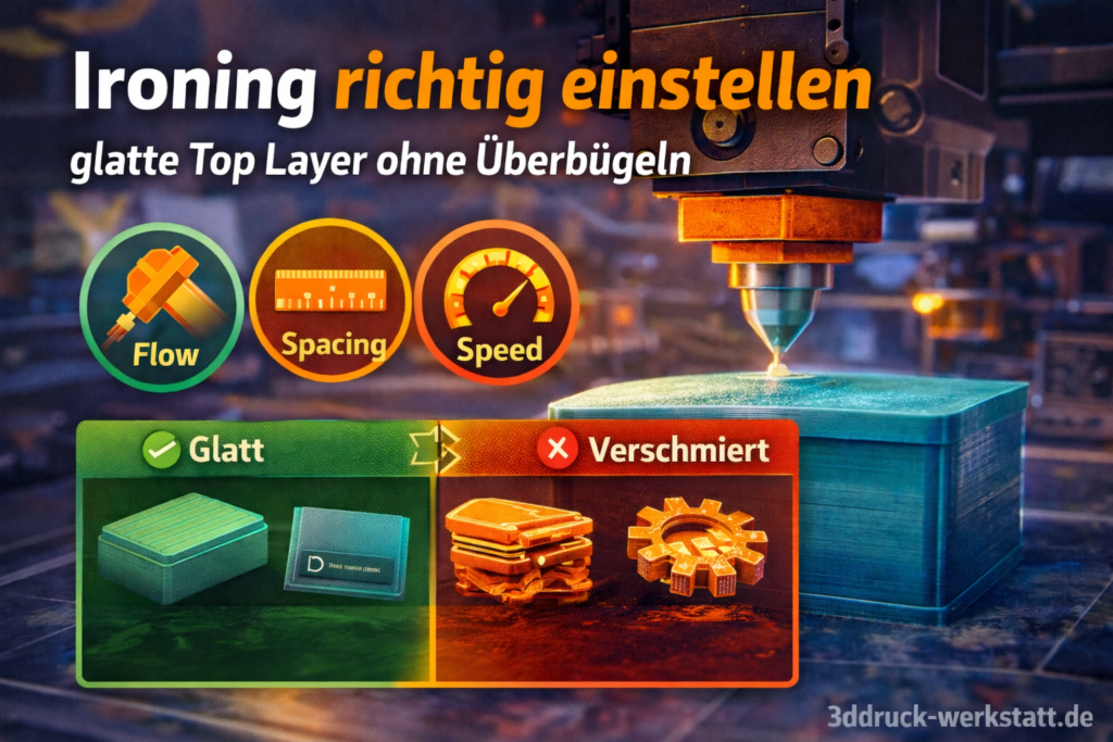Ironing richtig einstellen für glatte Top Layer mit Vergleich von glatter und unsauberer Oberfläche beim 3D-Druck