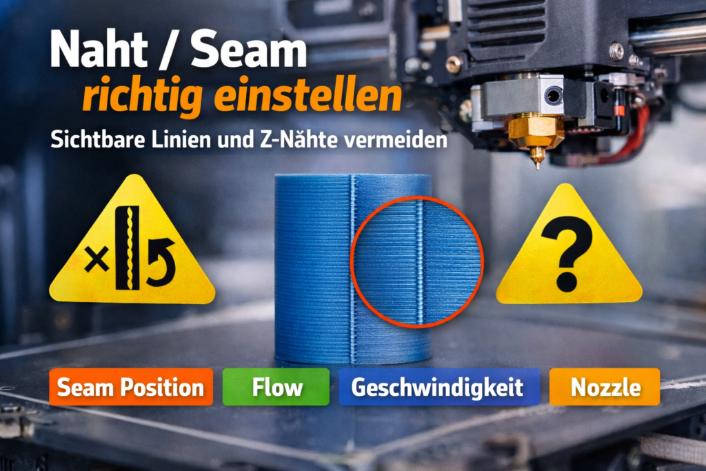 Naht beziehungsweise Seam richtig einstellen beim 3D-Druck mit sichtbarer Z-Naht an einem runden Testobjekt neben einer 3D-Drucker-Nozzle