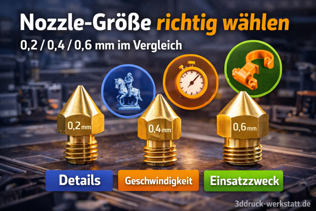 Nozzle-Größe richtig wählen beim 3D-Druck mit Vergleich von 0,2 mm, 0,4 mm und 0,6 mm für Details, Druckgeschwindigkeit und Einsatzbereich