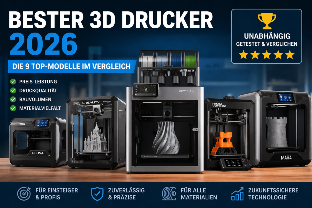 Featured Image zum Artikel Premium 3D-Drucker für zuhause 2026 mit mehreren modernen 3D-Druckern im Vergleich