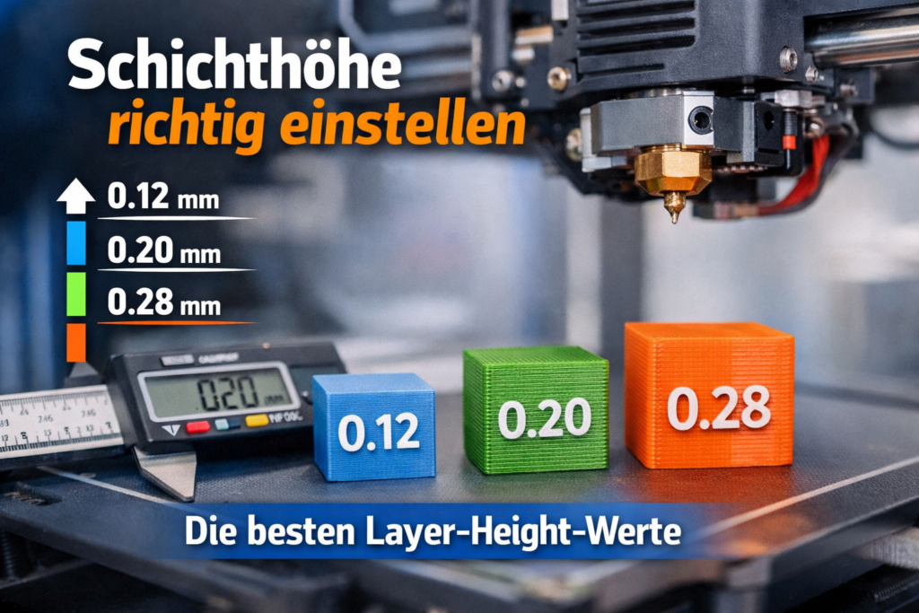 Schichthöhe richtig einstellen beim 3D-Druck: Testwürfel mit 0,12 mm, 0,20 mm und 0,28 mm neben einem Messschieber auf dem Druckbett