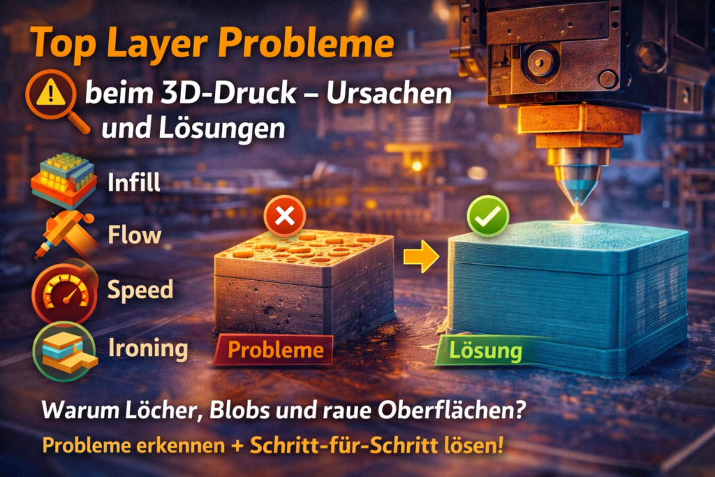 Top Layer Probleme beim 3D-Druck mit Vergleich zwischen unsauberer und glatter Oberfläche sowie Darstellung von Ursachen wie Infill, Flow und Speed