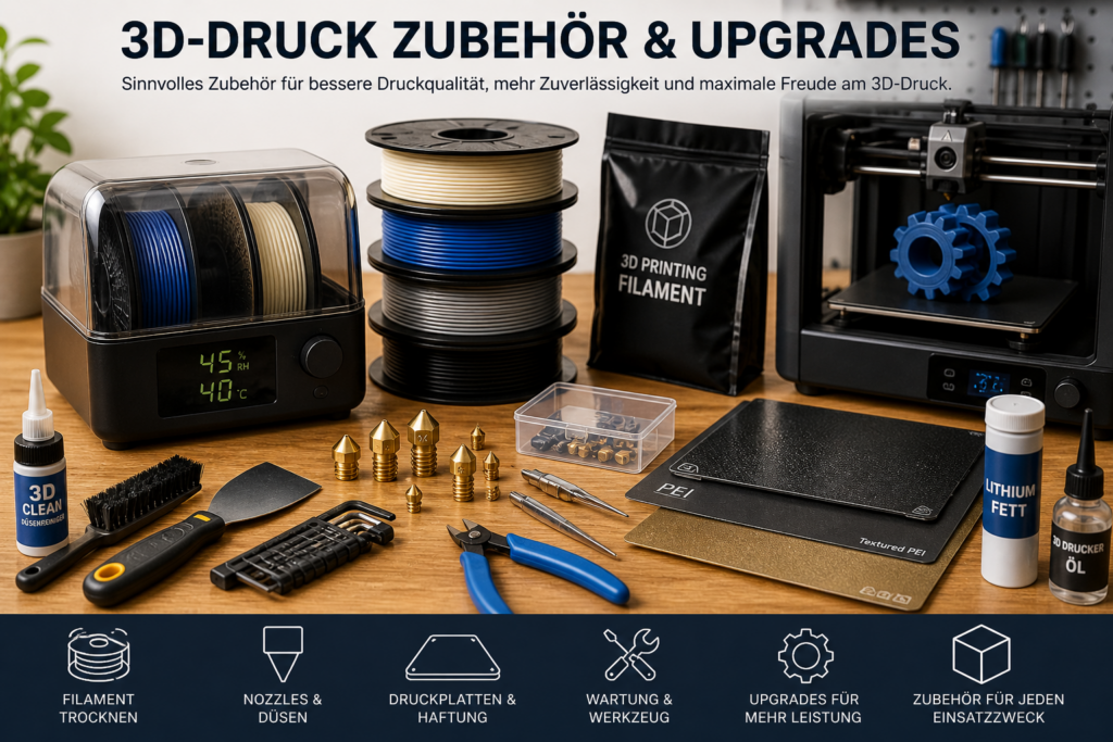 3D-Druck Zubehör und Upgrades mit Filamenttrockner, Nozzles, PEI-Druckplatten, Werkzeugen und Wartungszubehör