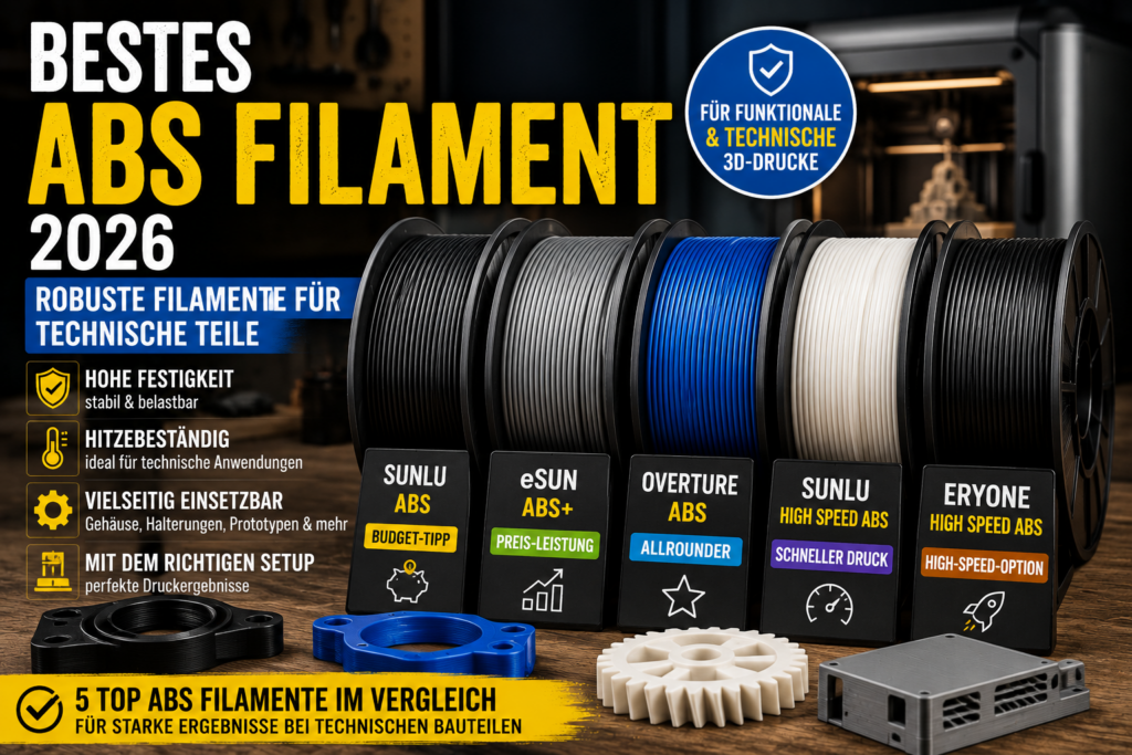 Bestes ABS Filament 2026 im Vergleich für technische 3D-Druckteile mit SUNLU ABS, eSUN ABS+, OVERTURE ABS, SUNLU High Speed ABS und ERYONE High Speed ABS