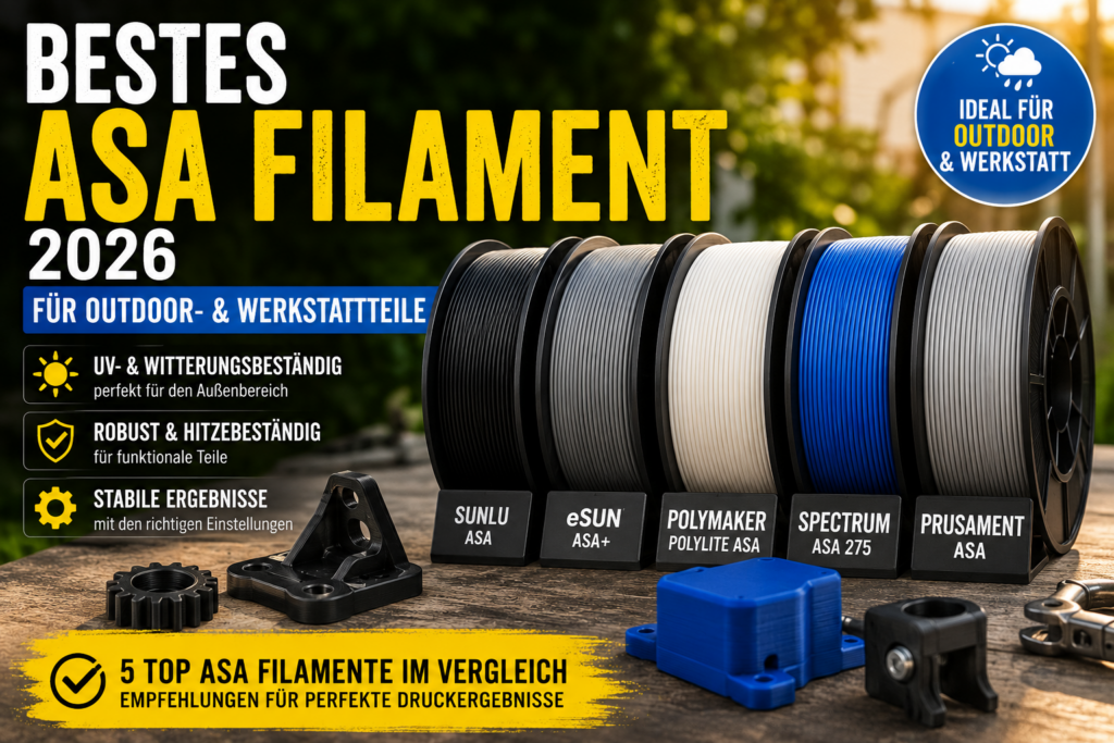 Bestes ASA Filament 2026 im Vergleich für Outdoor- und Werkstattteile mit SUNLU ASA, eSUN ASA+, Polymaker PolyLite ASA, Spectrum ASA 275 und Prusament ASA