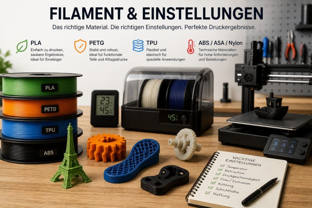 Filament richtig einstellen – PLA, PETG, TPU, ABS, ASA und Nylon mit passenden 3D-Druck Einstellungen