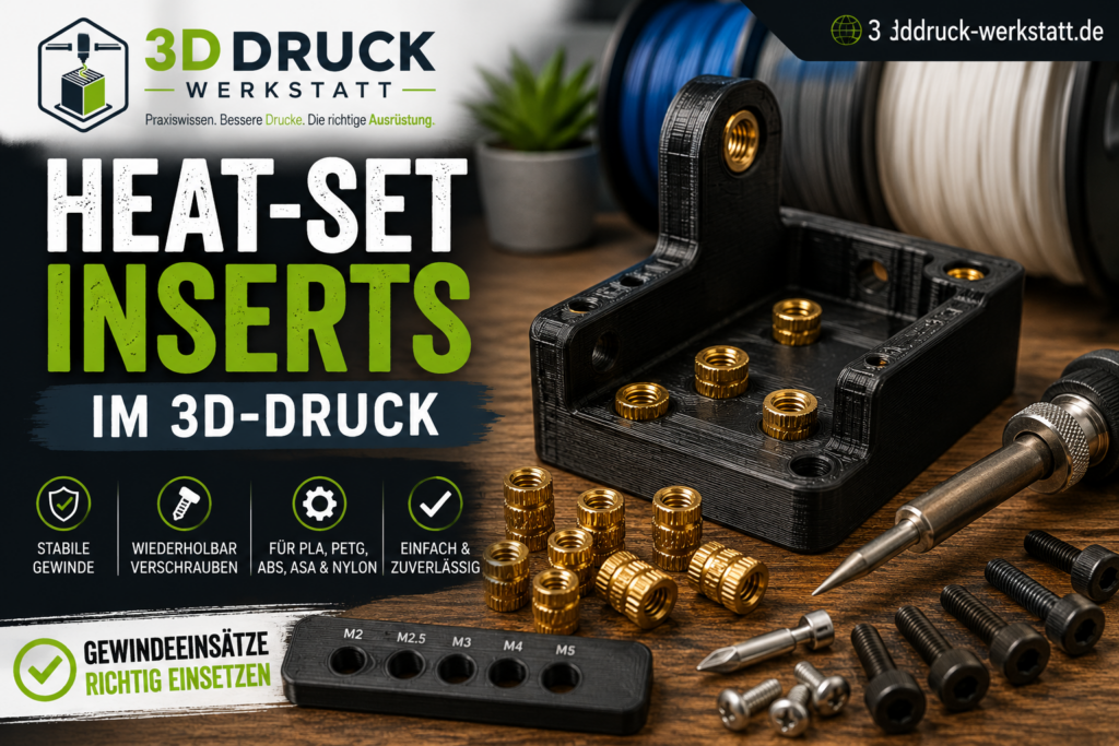 Heat-Set Inserts im 3D-Druck mit Messing-Gewindeeinsätzen, Lötkolben, Schrauben und 3D-gedrucktem Bauteil für stabile Gewinde