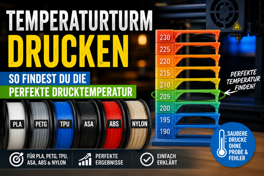 Temperaturturm drucken für den mit PLA, PETG, TPU, ASA, ABS und Nylon zur Ermittlung der perfekten Drucktemperatur