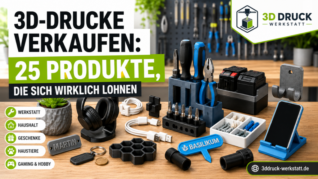 3D-Drucke verkaufen: Hier 3D-gedruckte Produkte auf einer Werkbank mit Werkzeughaltern, Kabelclips, Organizern, Pflanzenstecker, Smartphone-Ständer und 3D-Druck-Werkstatt-Logo