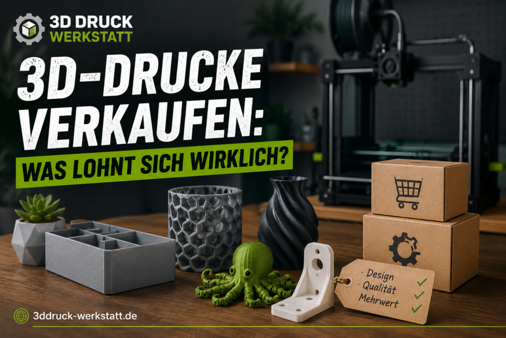 3D-Drucker in einer Werkstatt mit verkaufsfähigen 3D-Drucken, Versandkartons, Preisschild, 3D Druck Werkstatt Logo und URL 3ddruck-werkstatt.de.