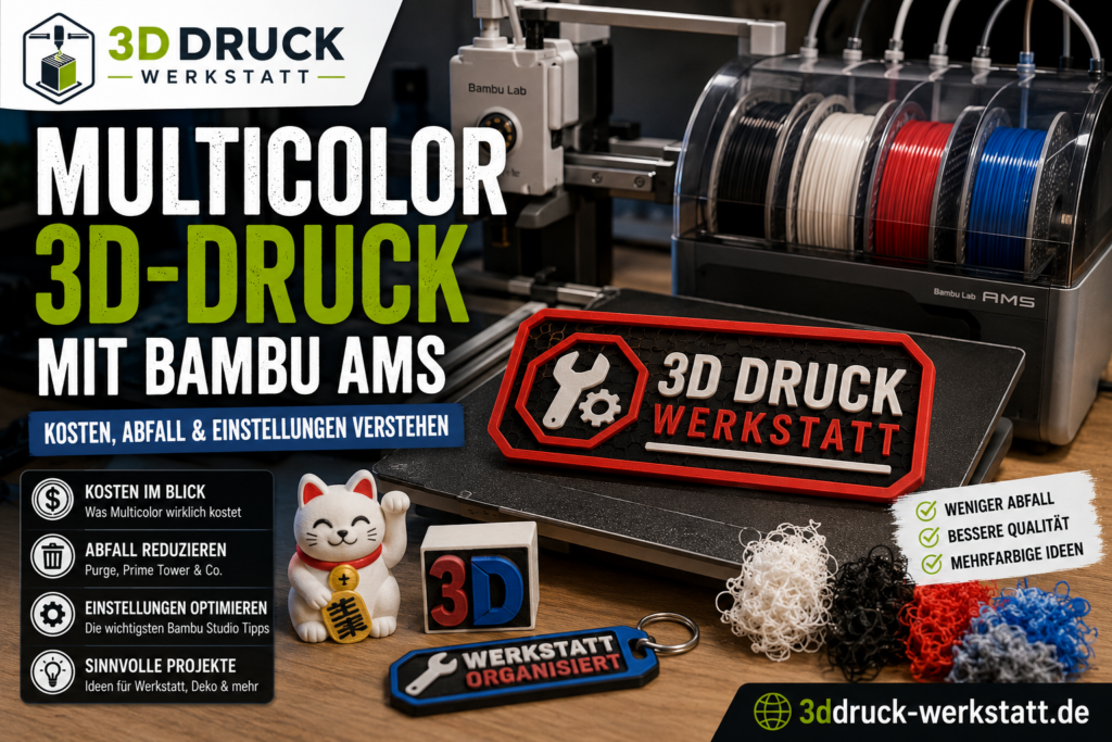 Multicolor 3D-Druck mit Bambu AMS mit farbigen Filamentrollen, Bambu-Drucker, mehrfarbigen 3D-Druckteilen und Filamentabfall