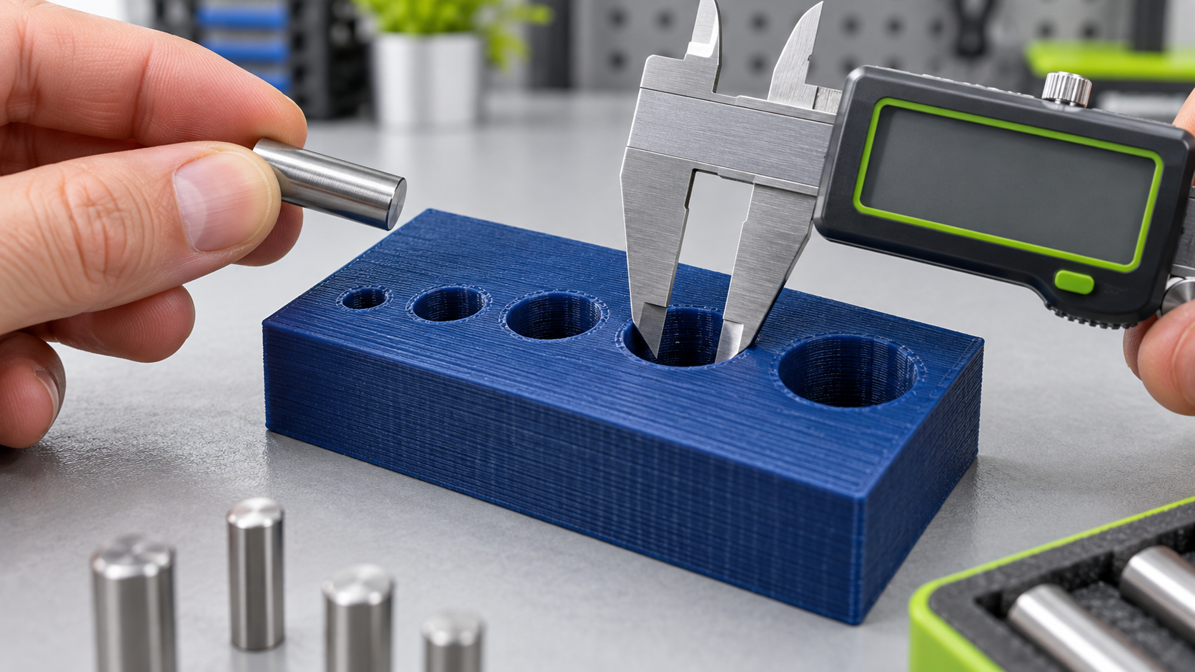 Gedruckter Testkörper mit unterschiedlich großen Bohrungen, Messschieber und Metallstift