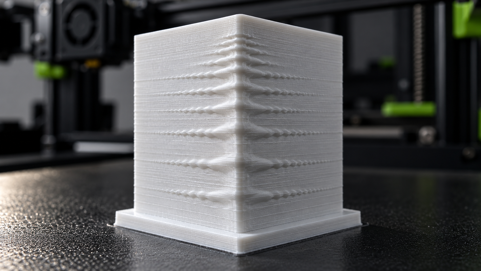 3D-Druckteil mit sichtbaren Wellen neben einer Kante durch Ghosting und Ringing