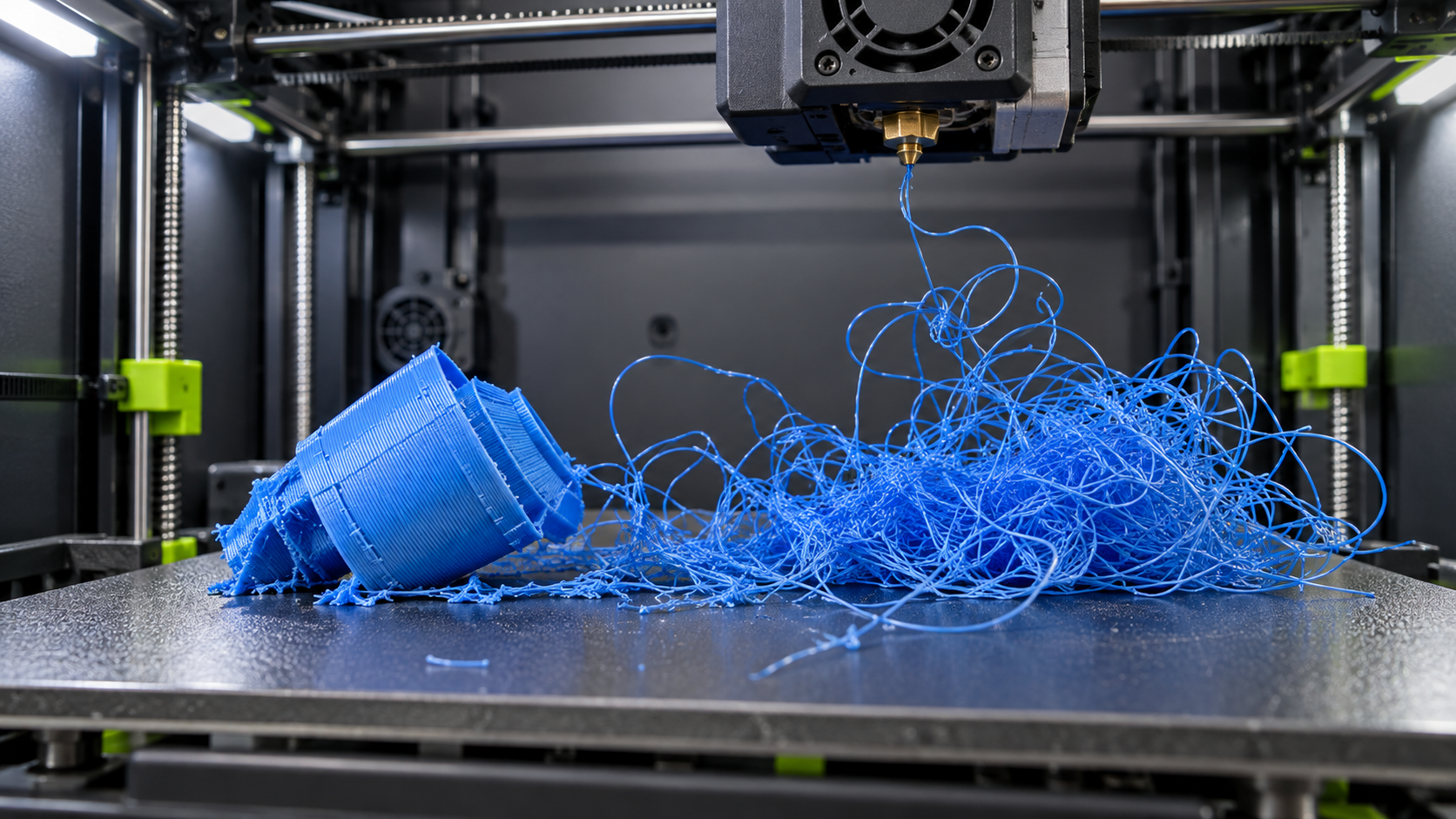 Vom Druckbett gelöstes 3D-Druckteil mit großem Knäuel aus losem Filament