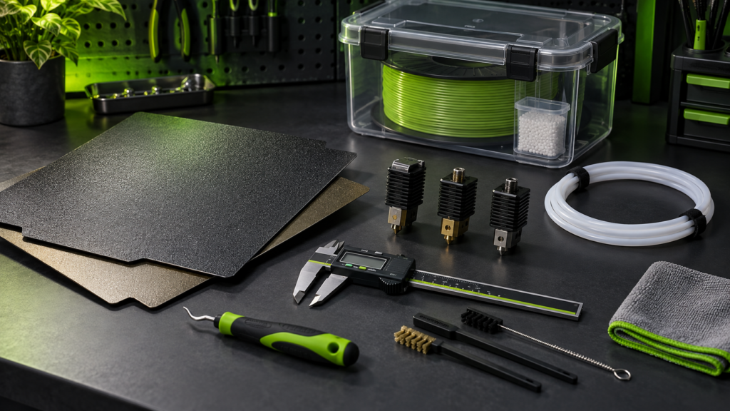Bambu Lab P2S Zubehör mit Druckplatten, Hotends, Filamentlagerung und Werkzeug