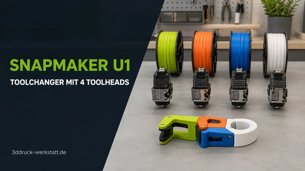 Snapmaker U1 Toolchanger mit vier Toolheads und vier Filamentfarben